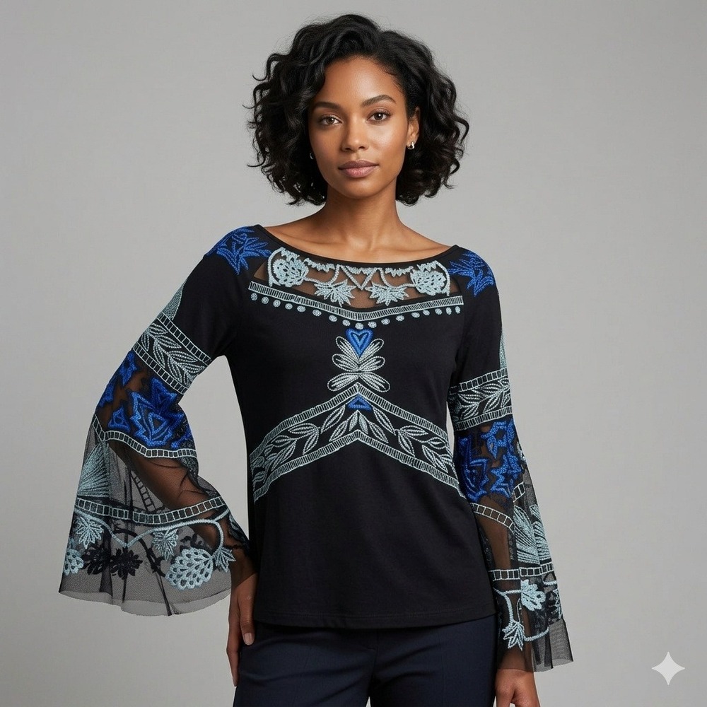 Vintage Collection Black Embroidered Mesh Bell Sleeve Blouse Top Women Medium